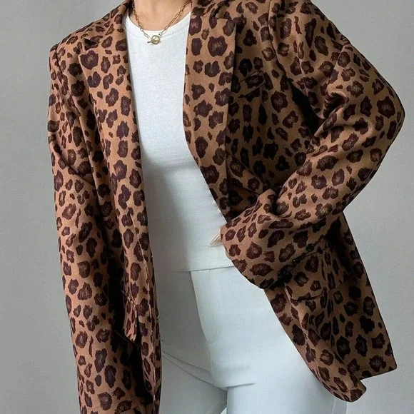 Brown Casual Women's Leopard Print Blazer - Picture 6 of 7